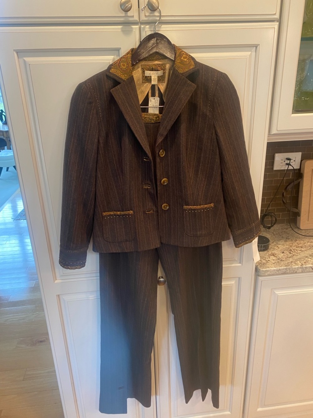 Aura Brown Pinstripe Blazer and trousers with Paisley Trim